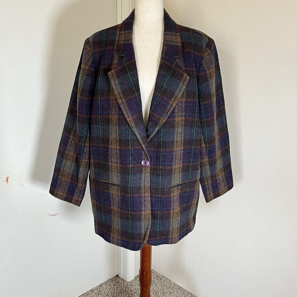 Vintage Savannah Wool Blazer Sz 18 Plaid Academia Old Money Jacket Tweed 80s 90s